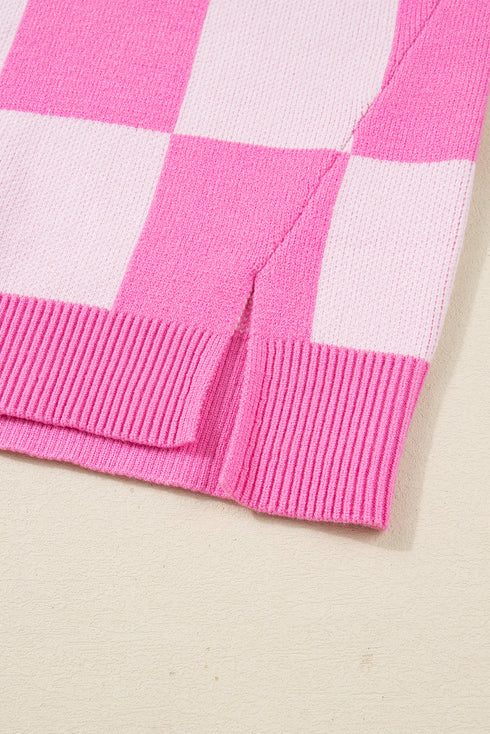 Checkered Collared Half Button Drop Shoulder Pullover Sweater