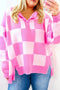 Checkered Collared Half Button Drop Shoulder Pullover Sweater