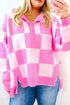 Checkered Collared Half Button Drop Shoulder Pullover Sweater