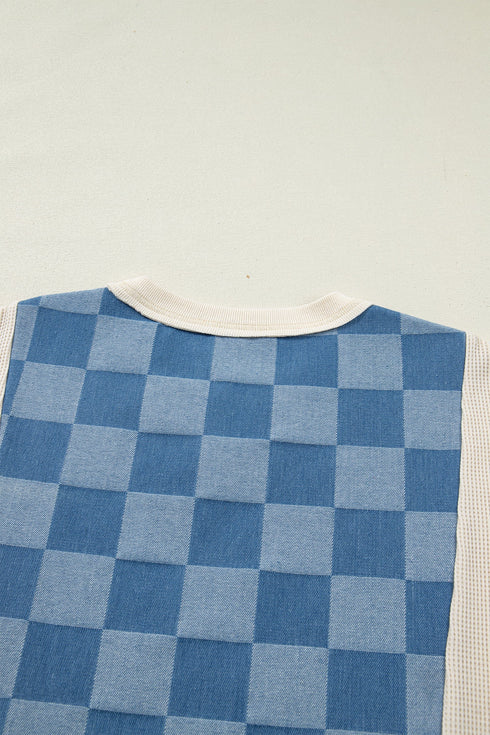 Checkered Denim Patchwork Short Sleeve Relaxed Top