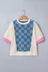 Checkered Denim Patchwork Short Sleeve Relaxed Top