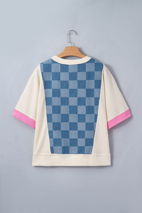 Checkered Denim Patchwork Short Sleeve Relaxed Top
