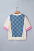 Checkered Denim Patchwork Short Sleeve Relaxed Top