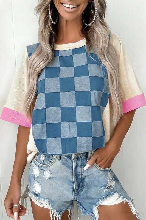 Checkered Denim Patchwork Short Sleeve Relaxed Top