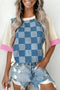 Checkered Denim Patchwork Short Sleeve Relaxed Top