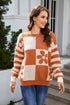 Checkered Floral Print Striped Sleeve Sweater