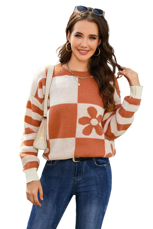 Checkered Floral Print Striped Sleeve Sweater