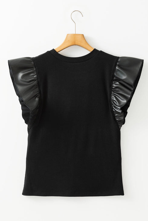 Checkered Font Graphic Faux Leather Sleeve Top