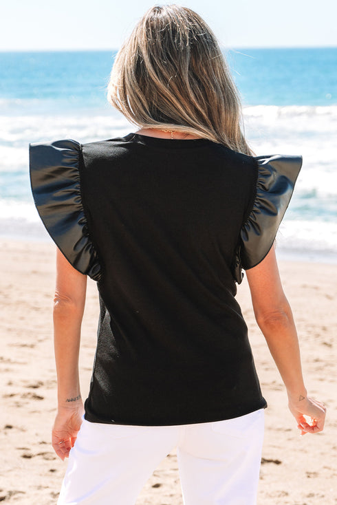 Checkered Font Graphic Faux Leather Sleeve Top