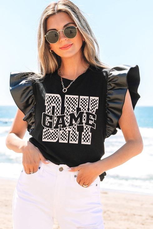 Checkered Font Graphic Faux Leather Sleeve Top
