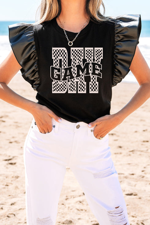 Checkered Font Graphic Faux Leather Sleeve Top