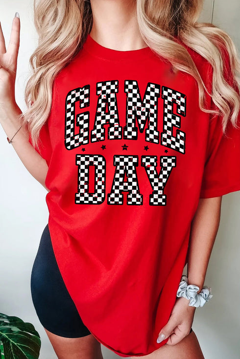 Checkered Graphic Letter Print Short Sleeve Crew Neck Tee