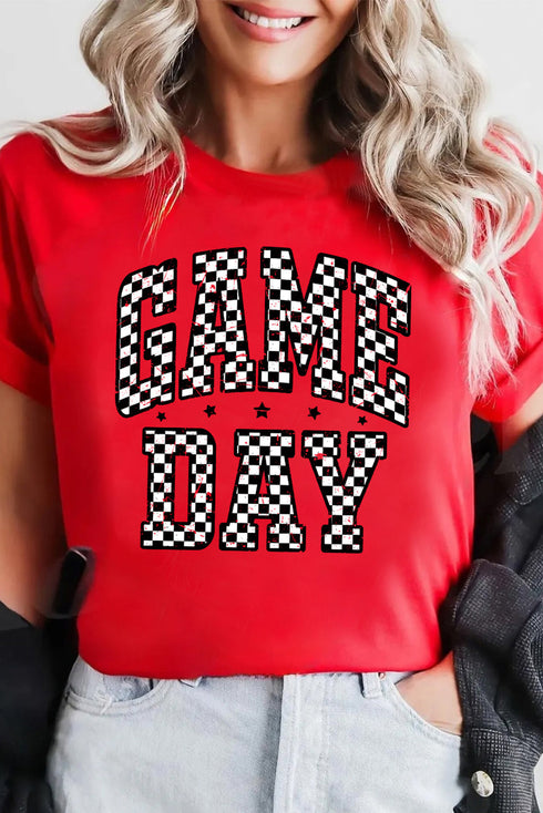 Checkered Graphic Letter Print Short Sleeve Crew Neck Tee
