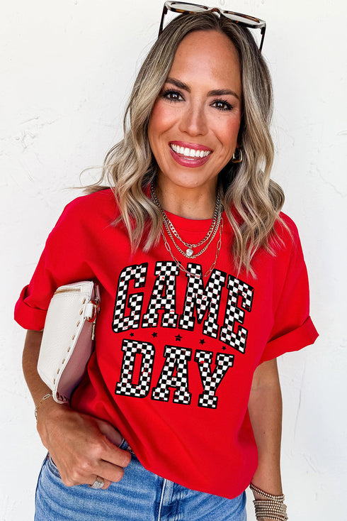 Checkered Graphic Letter Print Short Sleeve Crew Neck Tee
