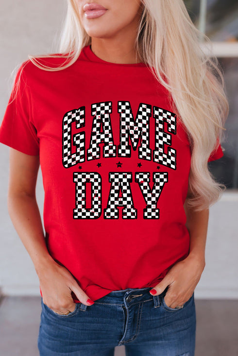 Checkered Graphic Letter Print Short Sleeve Crew Neck Tee