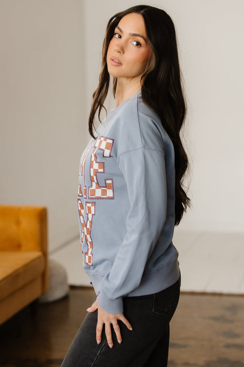 Checkered Graphic Lettering Crew Neck Pullover Sweatshirt