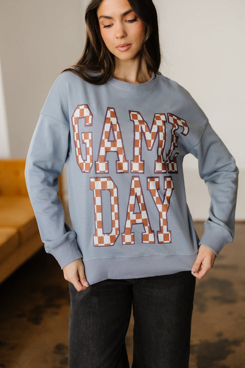 Checkered Graphic Lettering Crew Neck Pullover Sweatshirt