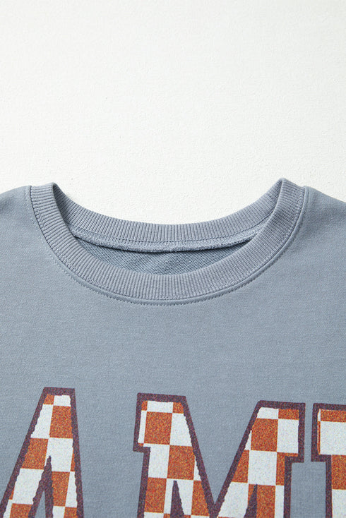 Checkered Graphic Lettering Crew Neck Pullover Sweatshirt