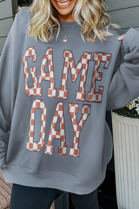 Checkered Graphic Lettering Crew Neck Pullover Sweatshirt