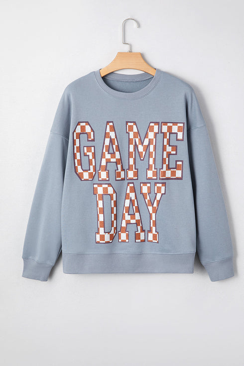 Checkered Graphic Lettering Crew Neck Pullover Sweatshirt
