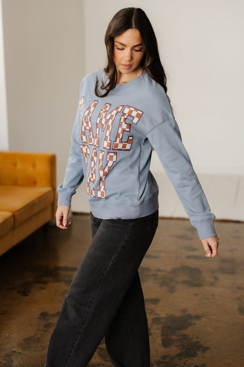 Checkered Graphic Lettering Crew Neck Pullover Sweatshirt