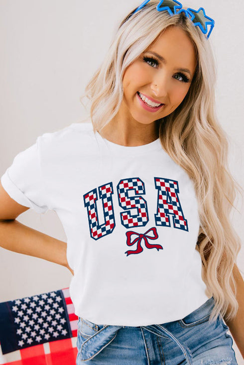 Checkered Graphic Print Short Sleeve Crew Neck Casual Tee