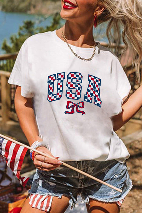 Checkered Graphic Print Short Sleeve Crew Neck Casual Tee