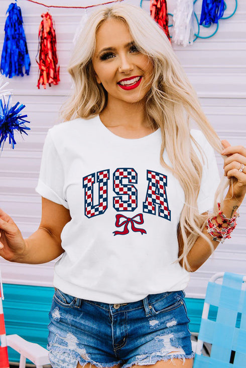 Checkered Graphic Print Short Sleeve Crew Neck Casual Tee
