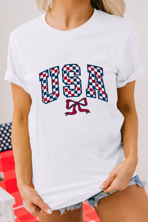 Checkered Graphic Print Short Sleeve Crew Neck Casual Tee