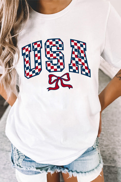 Checkered Graphic Print Short Sleeve Crew Neck Casual Tee