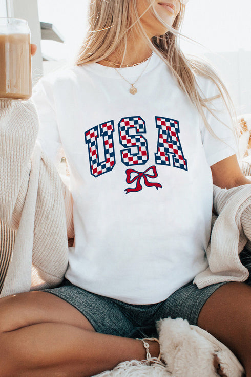 Checkered Graphic Print Short Sleeve Crew Neck Casual Tee