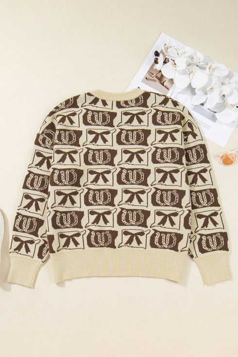 Checkered Horseshoe Print Bow Detail Western Sweater