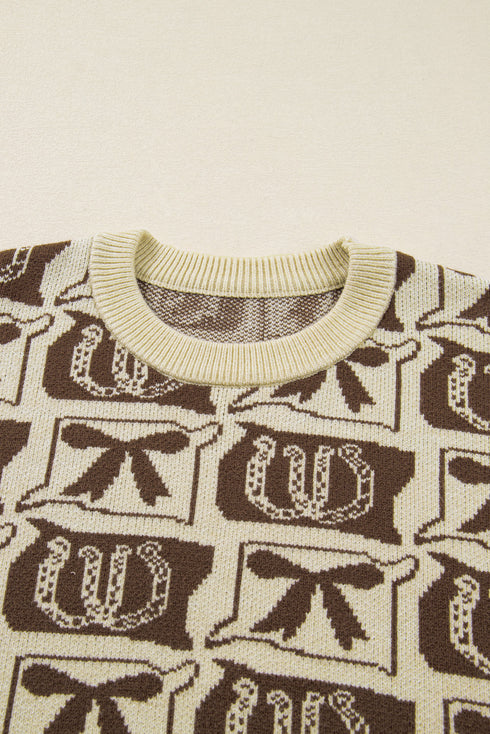 Checkered Horseshoe Print Bow Detail Western Sweater