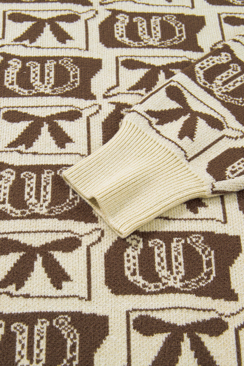 Checkered Horseshoe Print Bow Detail Western Sweater