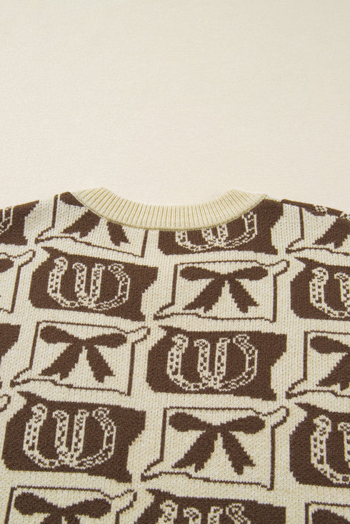Checkered Horseshoe Print Bow Detail Western Sweater