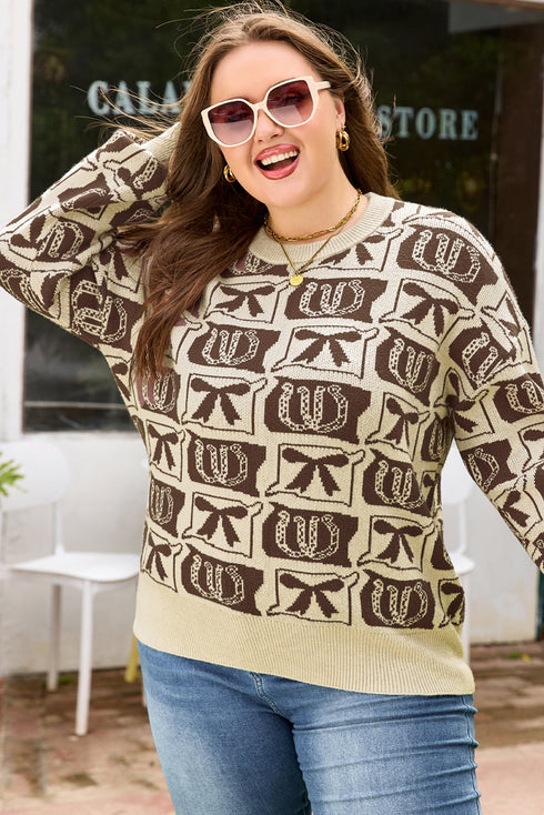 Checkered Horseshoe Print Bow Detail Western Sweater