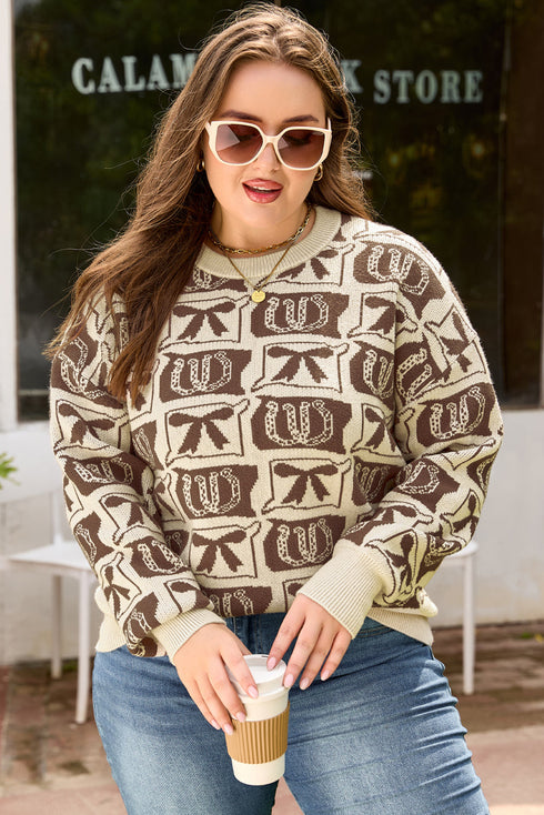 Checkered Horseshoe Print Bow Detail Western Sweater