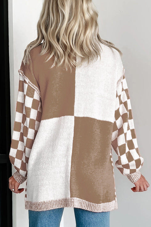 Checkered Knit Bubble Sleeve Drop Shoulder Open Cardigan