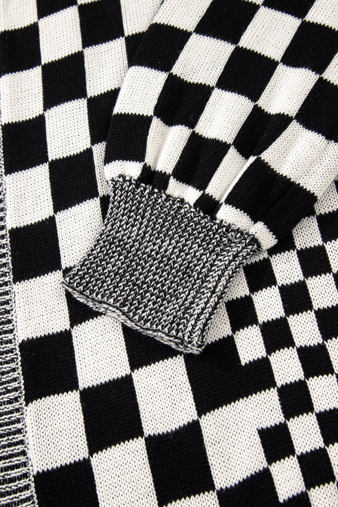 Checkered Knit Bubble Sleeve Drop Shoulder Open Cardigan