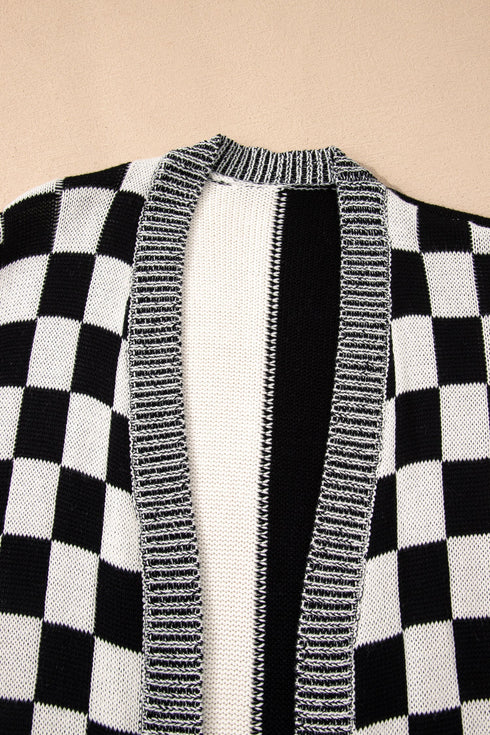 Checkered Knit Bubble Sleeve Drop Shoulder Open Cardigan