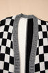 Checkered Knit Bubble Sleeve Drop Shoulder Open Cardigan