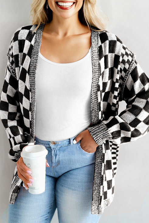 Checkered Knit Bubble Sleeve Drop Shoulder Open Cardigan