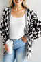 Checkered Knit Bubble Sleeve Drop Shoulder Open Cardigan