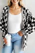 Checkered Knit Bubble Sleeve Drop Shoulder Open Cardigan