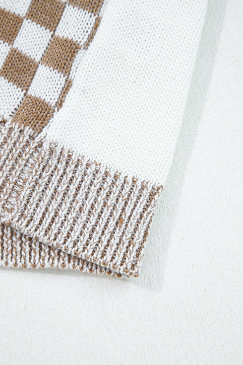 Checkered Knit Bubble Sleeve Drop Shoulder Open Cardigan