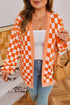 Checkered Knit Bubble Sleeve Drop Shoulder Open Cardigan