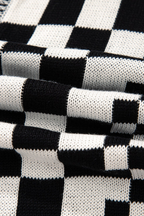 Checkered Knit Bubble Sleeve Drop Shoulder Open Cardigan
