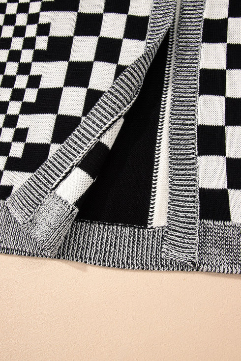 Checkered Knit Bubble Sleeve Drop Shoulder Open Cardigan