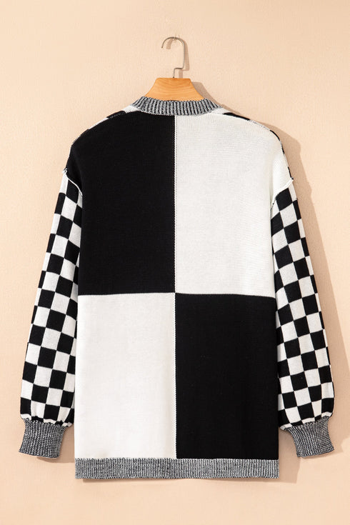Checkered Knit Bubble Sleeve Drop Shoulder Open Cardigan