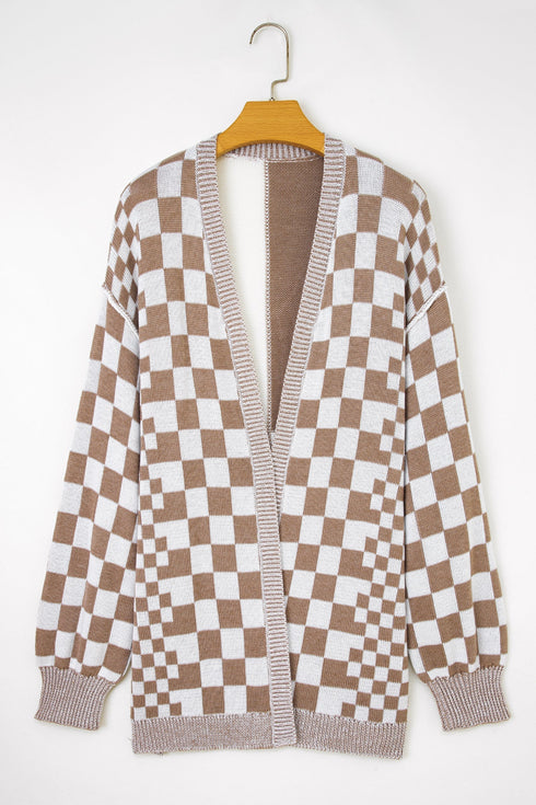 Checkered Knit Bubble Sleeve Drop Shoulder Open Cardigan